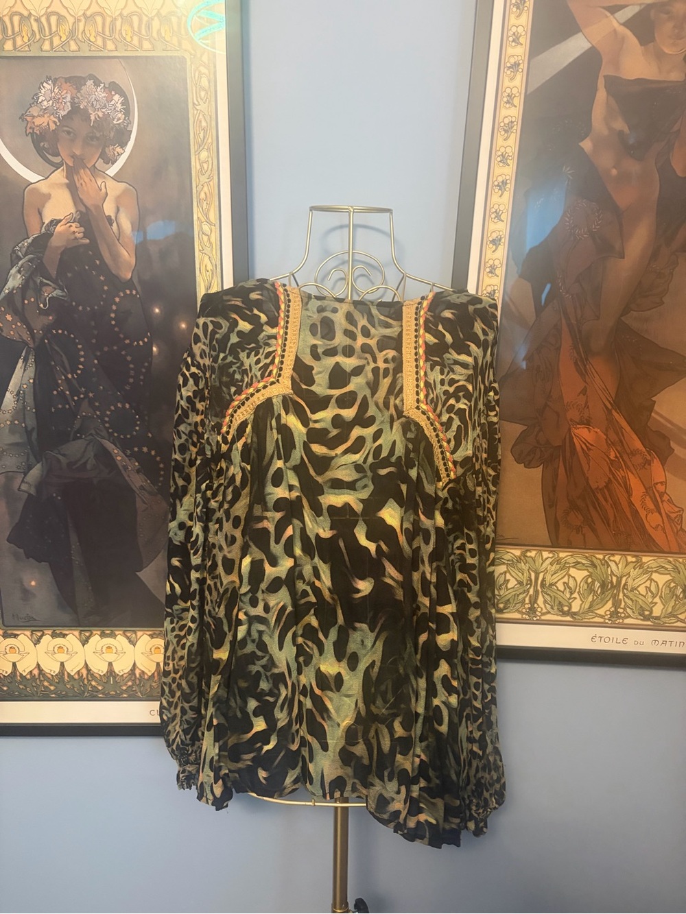 Anthropologie Olive and Black Animal-Print Long Sleeve Blouse with Braided Trim